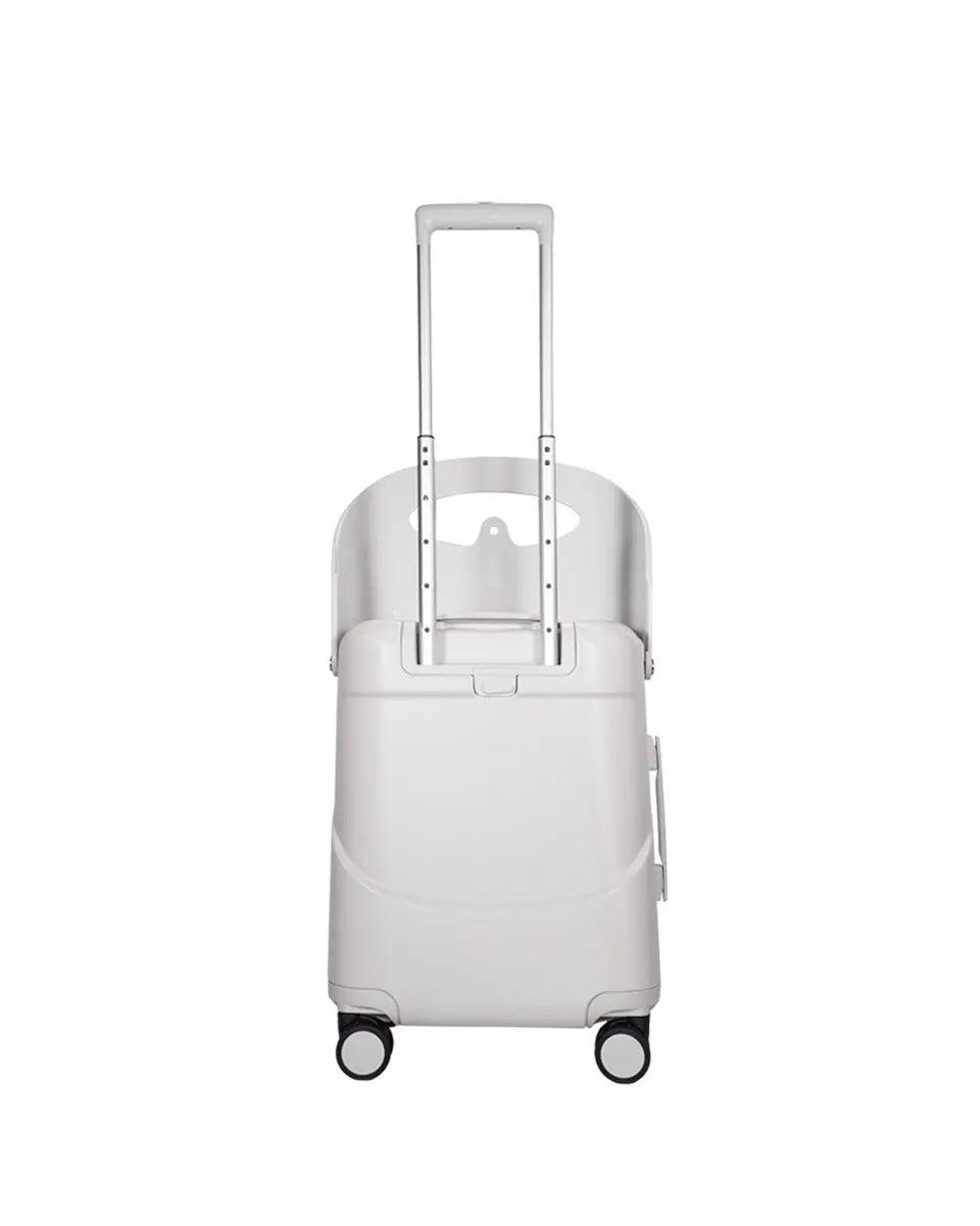 White Moonba child-seat suitcase with safety belt and brake